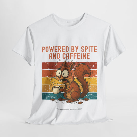 Powered by Spite and Caffeine - Jittery Squirrel Drinking Coffee Retro Sunset Tee