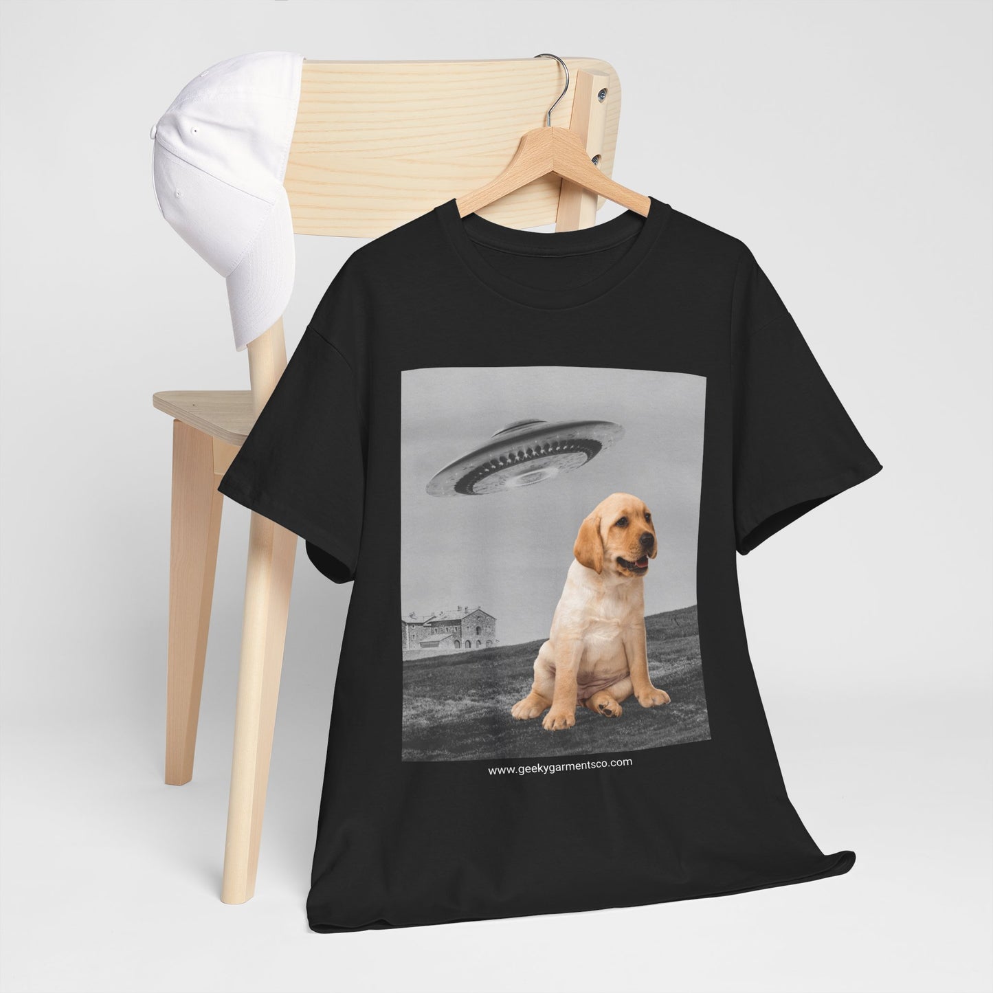 Labrador puppy being chased by a UFO Tee, Dog Mom Shirt, Dog Dad Shirt, Pet Owner Gift, Graphic Tee, Funny Animal Tee, Gift for Dog Lovers