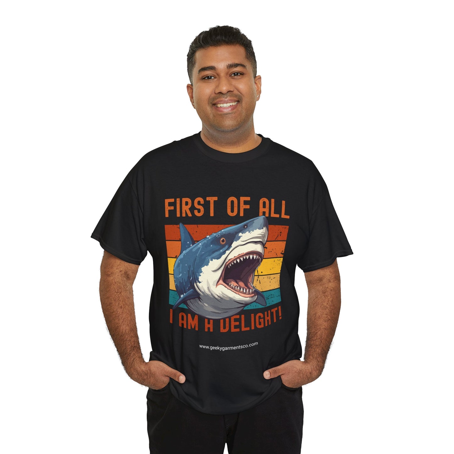 "First of all I am a delight!" Angry Shark Retro Sunset Tee