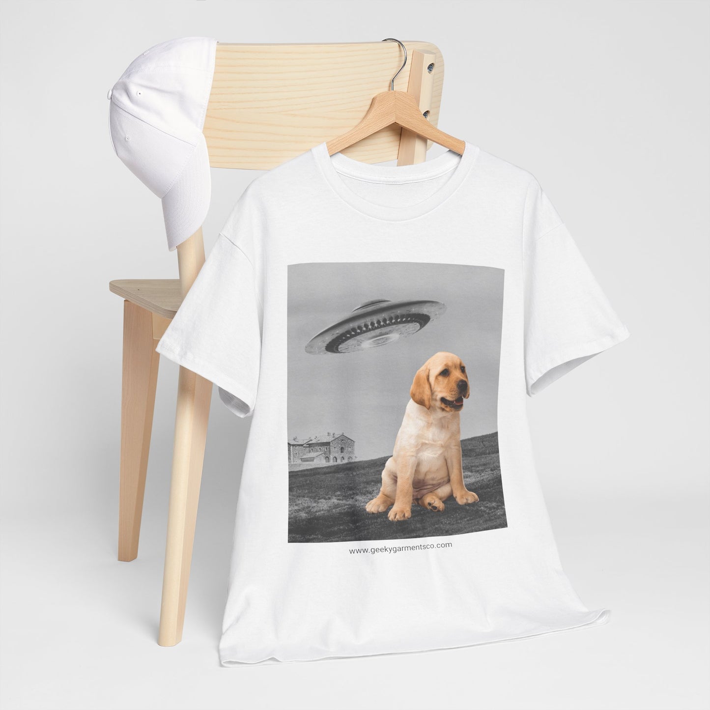 Labrador puppy being chased by a UFO Tee, Dog Mom Shirt, Dog Dad Shirt, Pet Owner Gift, Graphic Tee, Funny Animal Tee, Gift for Dog Lovers