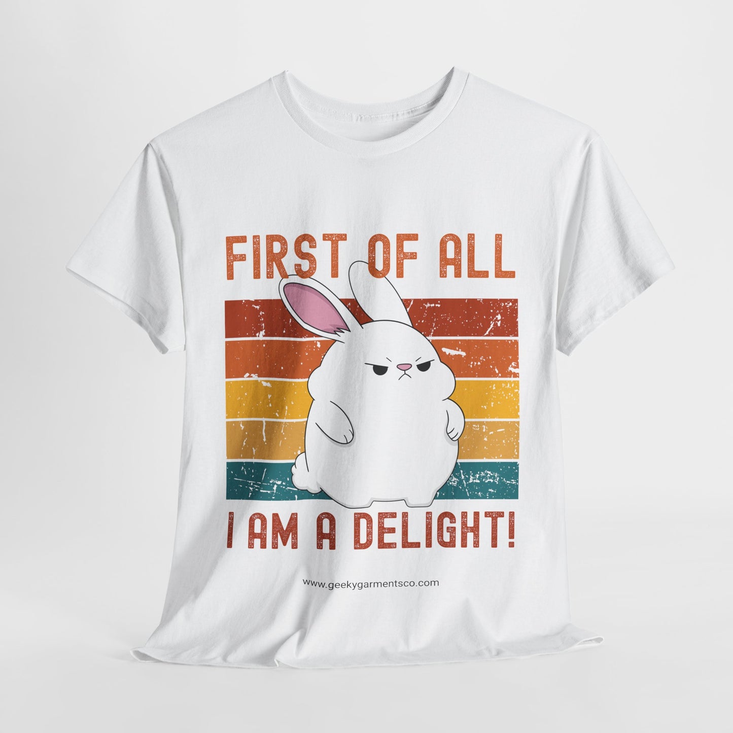 "First of all I'm a delight!" Angry White Bunny Retro Sunset Tee