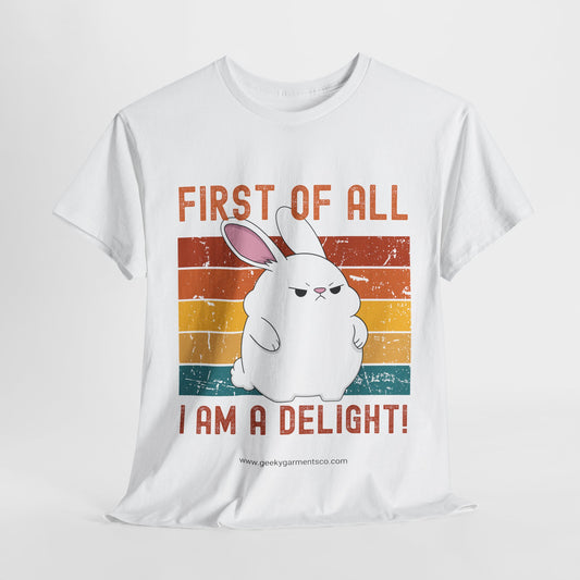 "First of all I'm a delight!" Angry White Bunny Retro Sunset Tee