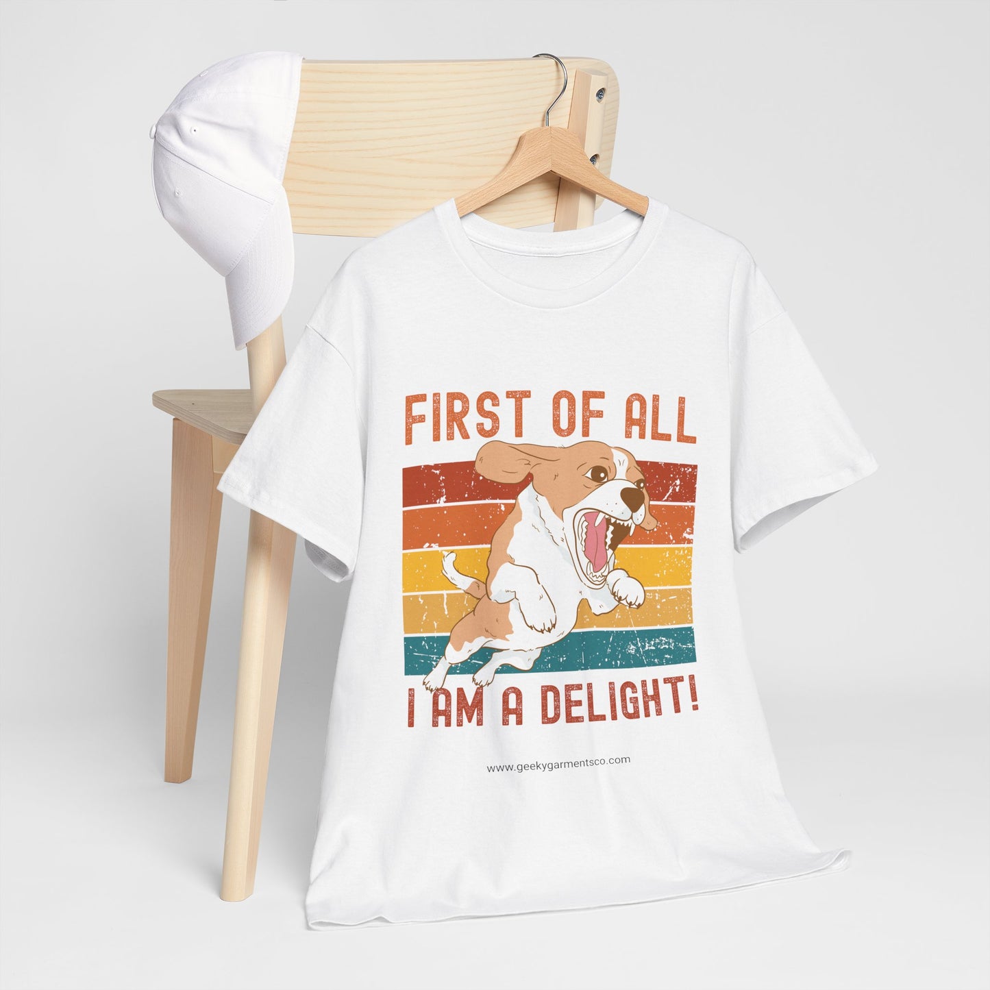 "First of all I am a delight!" angry dog on retro sunset tshirt (corgi)