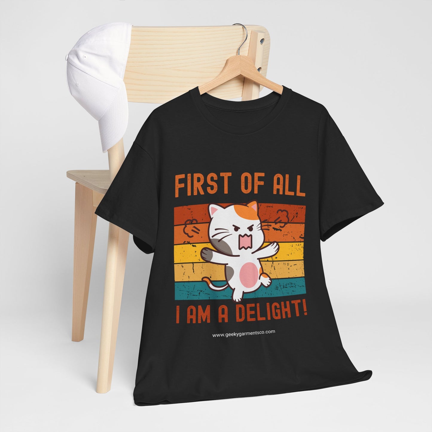 "First of all I'm a delight!" Cute Angry Cat Retro Sunset Tee