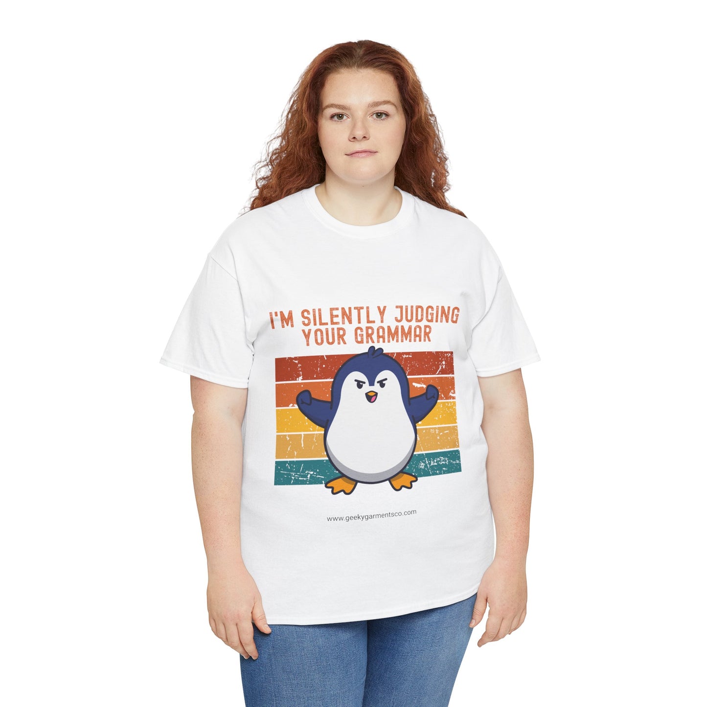 "I'm silently judging your grammar" Judgy Penguin Retro Sunset Tee