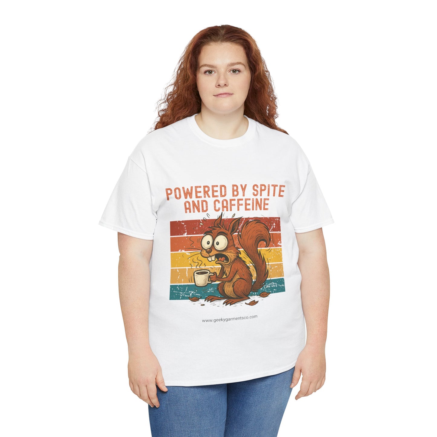 Powered by Spite and Caffeine - Jittery Squirrel Drinking Coffee Retro Sunset Tee