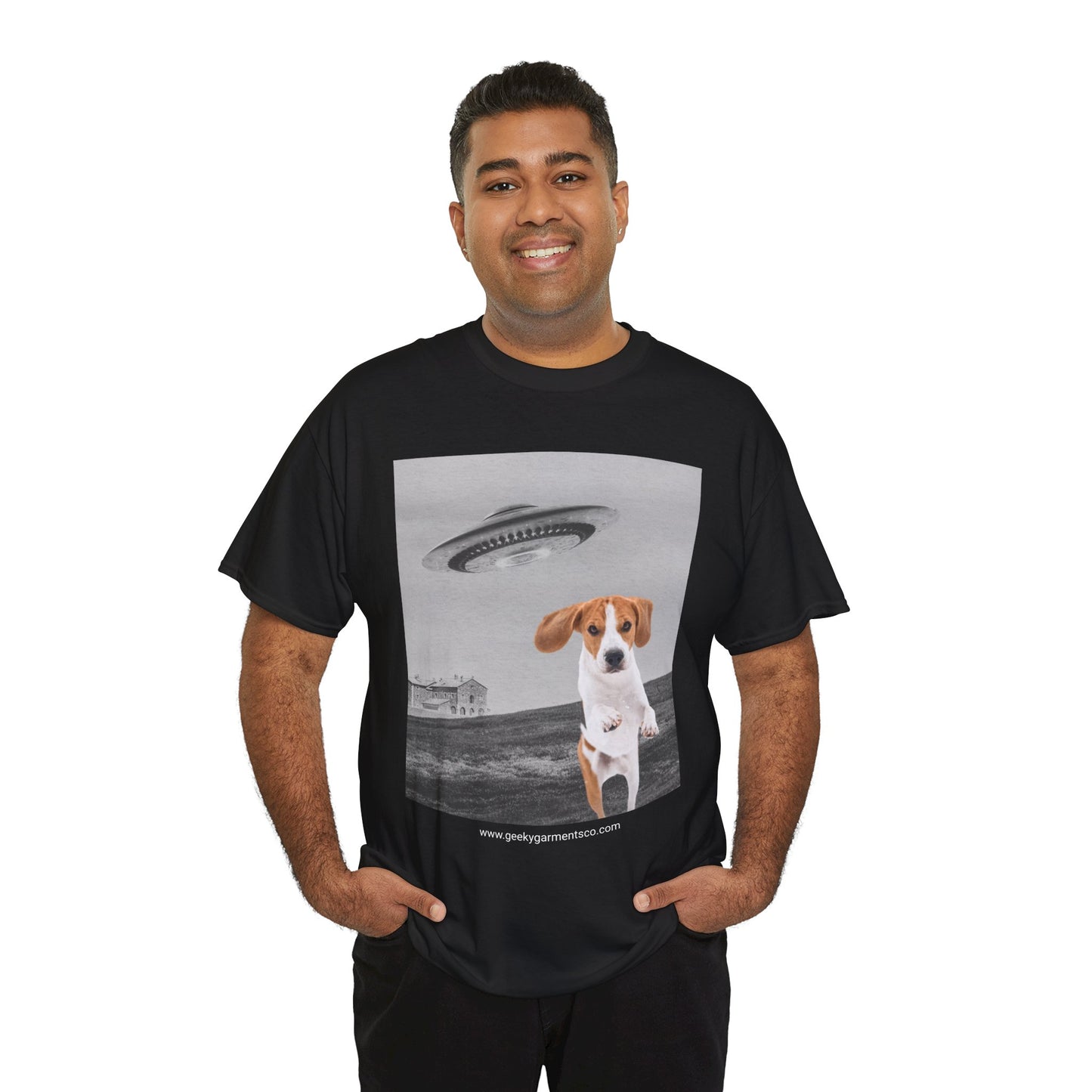 Beagle puppy being chased by a UFO Tee, Dog Mom Shirt, Dog Dad Shirt, Pet Owner Gift, Graphic Tee, Funny Animal Tee, Gift for Dog Lovers