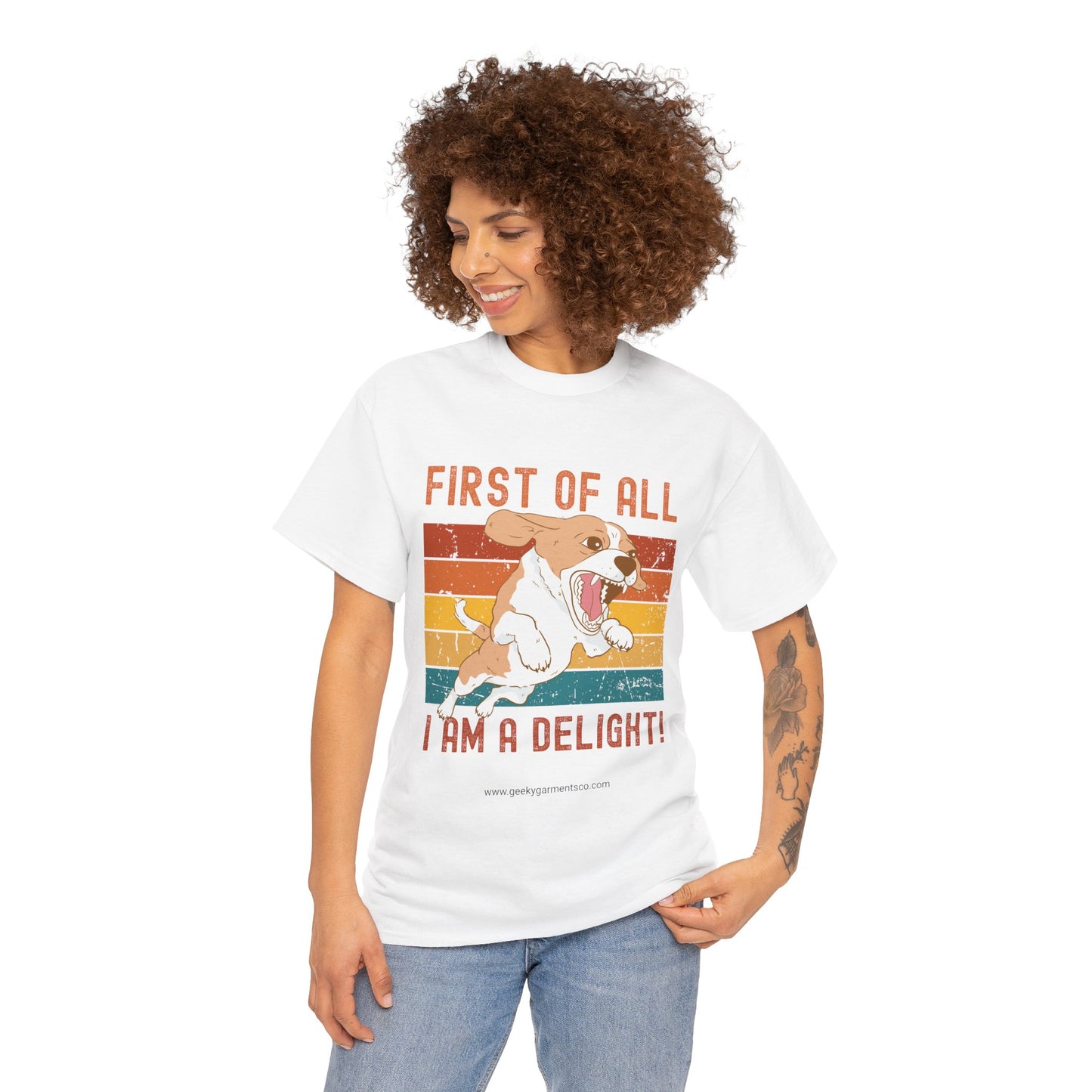 "First of all I am a delight!" angry dog on retro sunset tshirt (corgi)