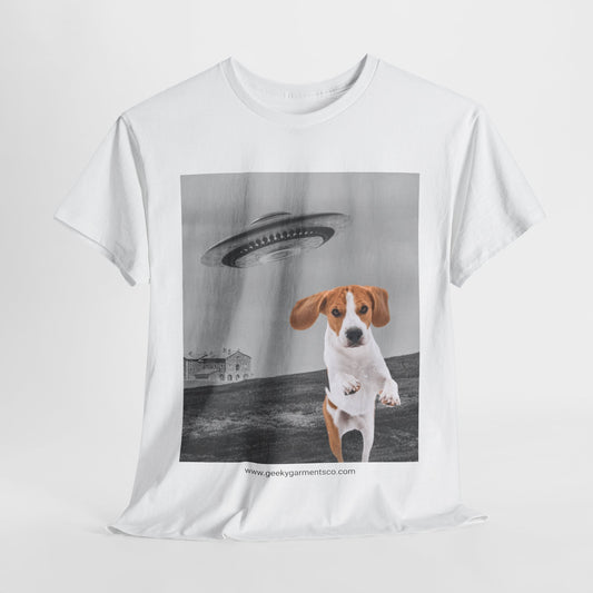 Beagle puppy being chased by a UFO Tee, Dog Mom Shirt, Dog Dad Shirt, Pet Owner Gift, Graphic Tee, Funny Animal Tee, Gift for Dog Lovers