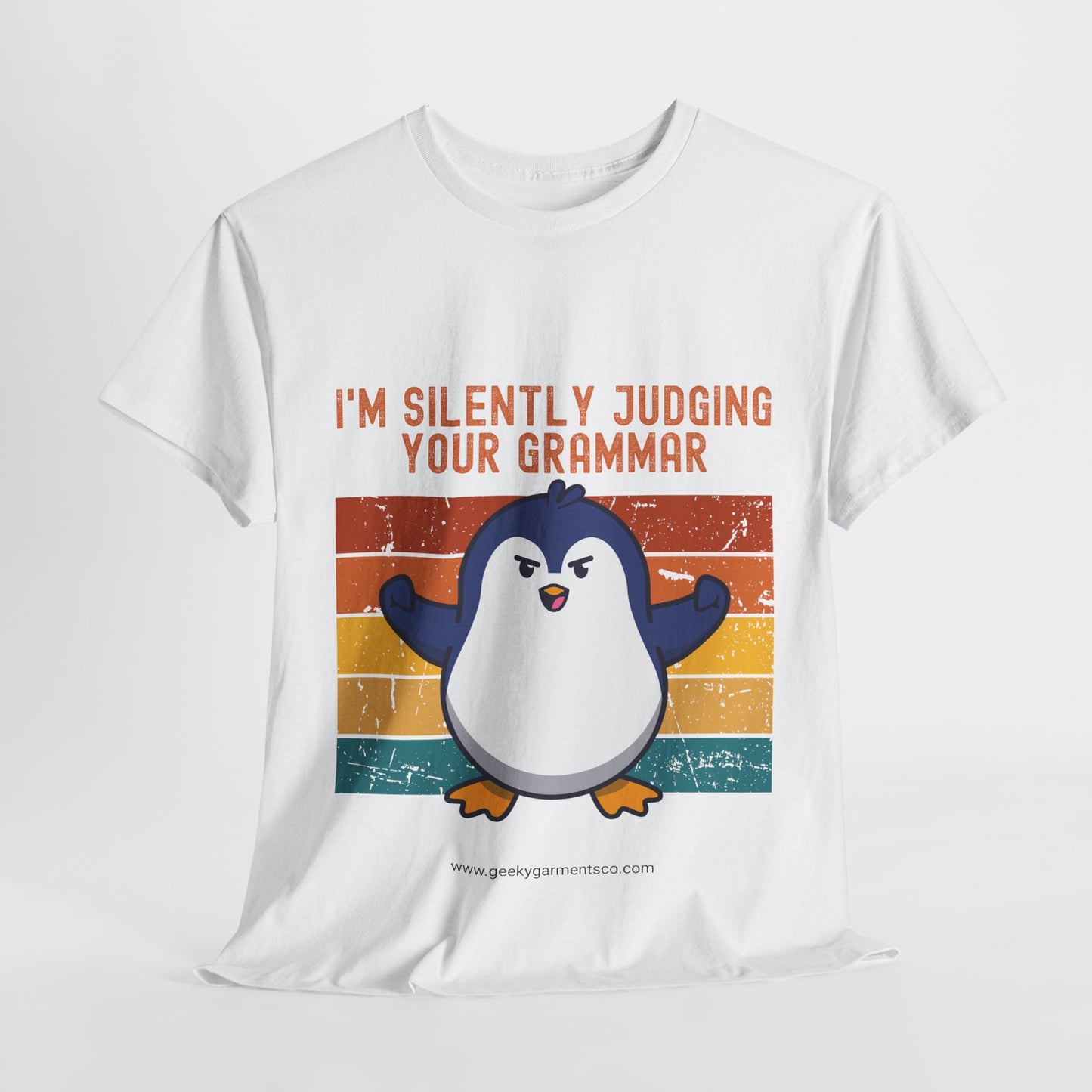 "I'm silently judging your grammar" Judgy Penguin Retro Sunset Tee