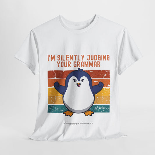 "I'm silently judging your grammar" Judgy Penguin Retro Sunset Tee
