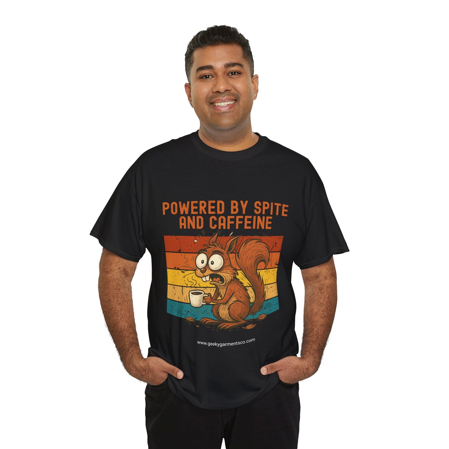 Powered by Spite and Caffeine - Jittery Squirrel Drinking Coffee Retro Sunset Tee