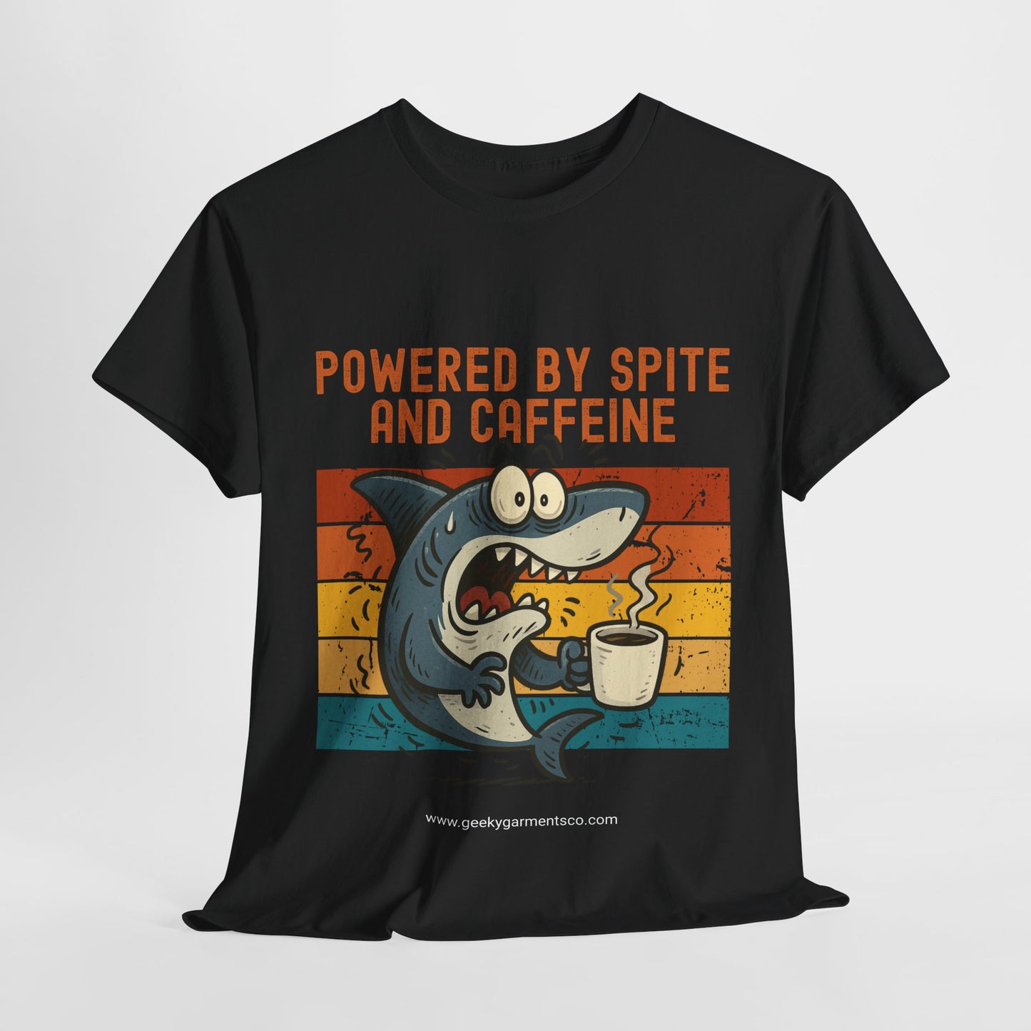 Powered by Spite and Caffeine - Jittery Shark Drinking Coffee Retro Sunset Tee