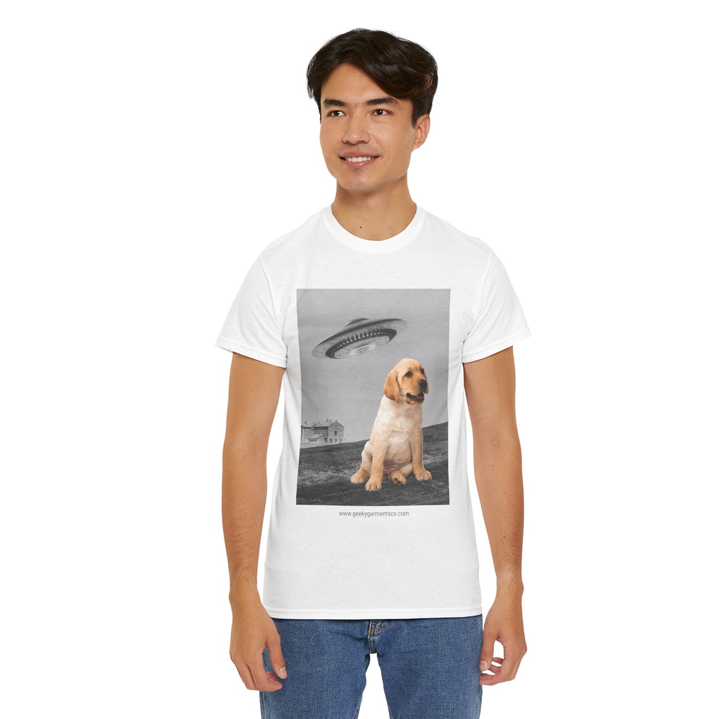 Labrador puppy being chased by a UFO Tee, Dog Mom Shirt, Dog Dad Shirt, Pet Owner Gift, Graphic Tee, Funny Animal Tee, Gift for Dog Lovers