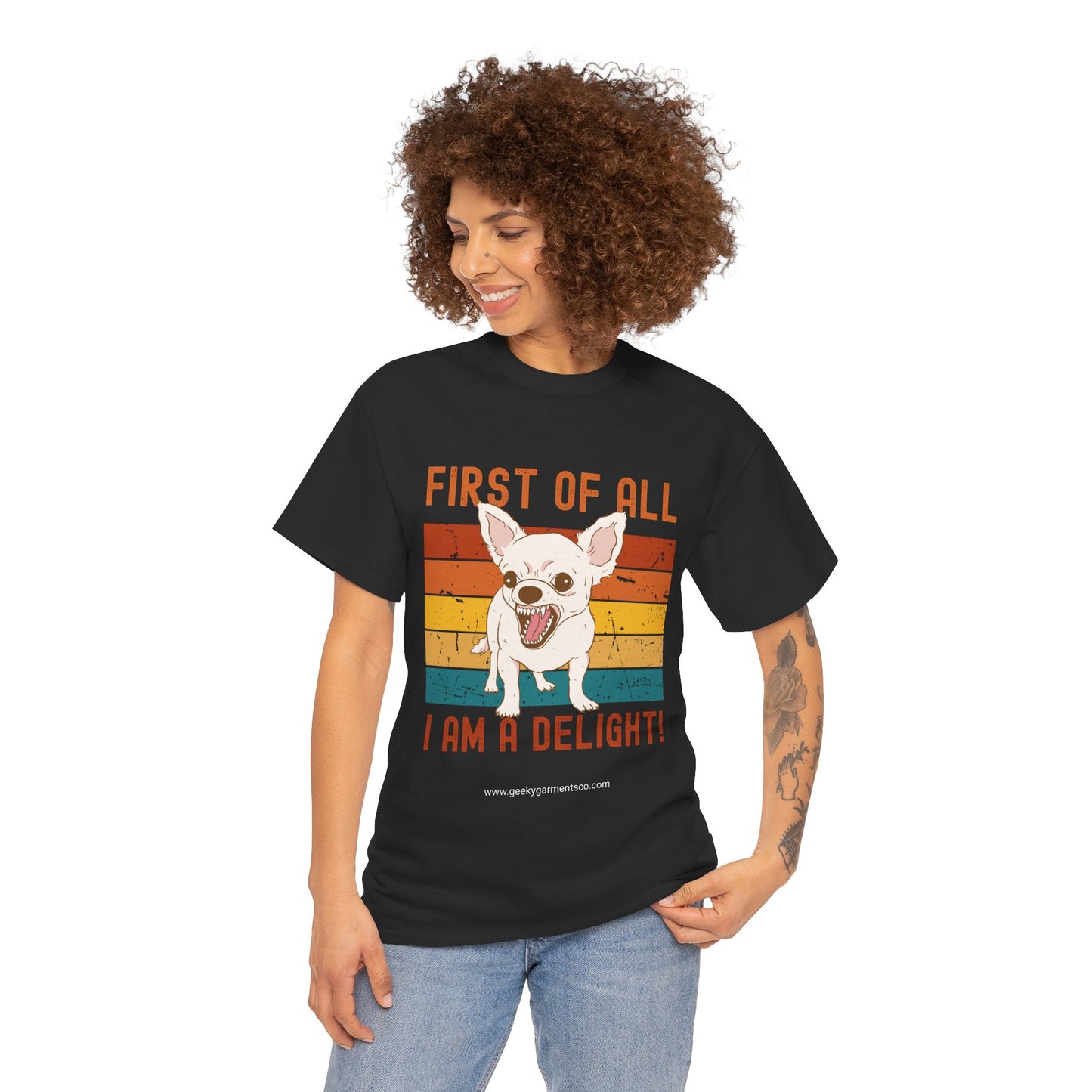 "First of all I am a delight!" angry dog on retro sunset tshirt (chihuahua)