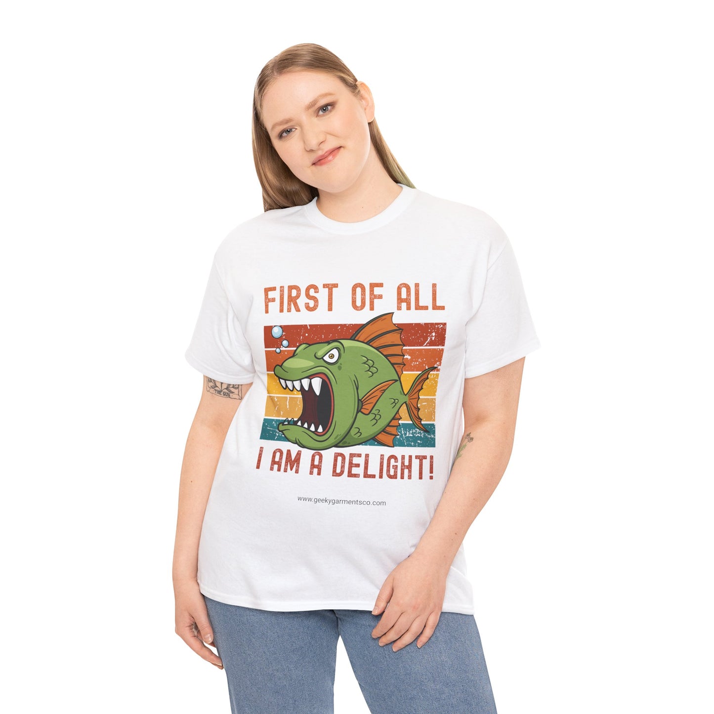 "First of all I am a delight!" angry fish on retro sunset tshirt