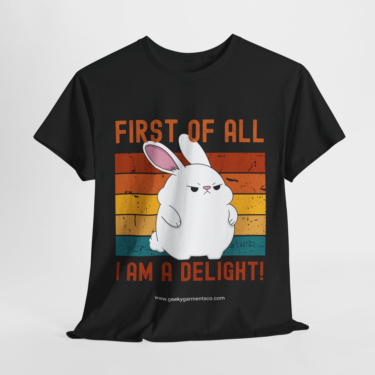"First of all I'm a delight!" Angry White Bunny Retro Sunset Tee
