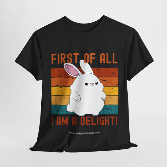 "First of all I'm a delight!" Angry White Bunny Retro Sunset Tee