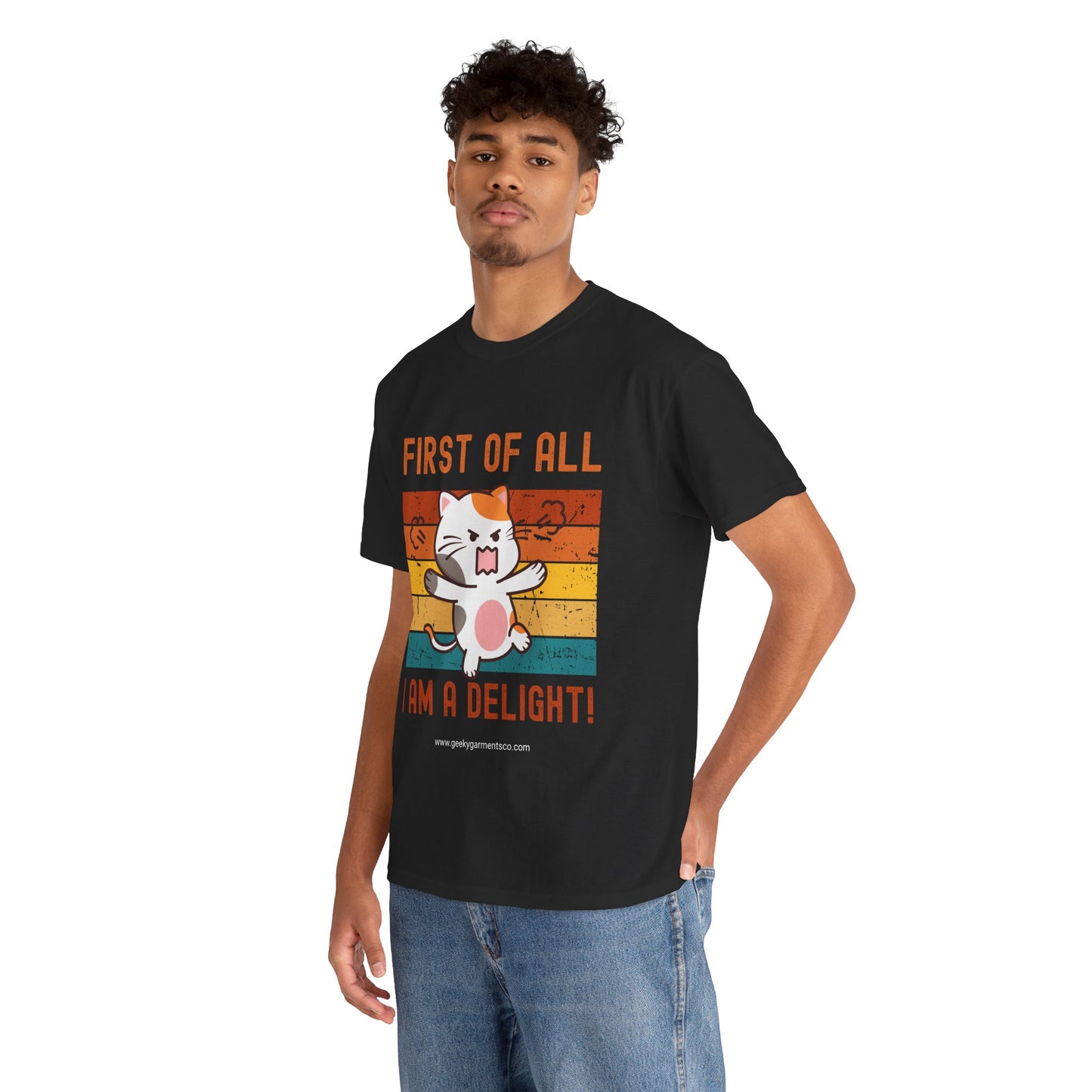 "First of all I'm a delight!" Cute Angry Cat Retro Sunset Tee
