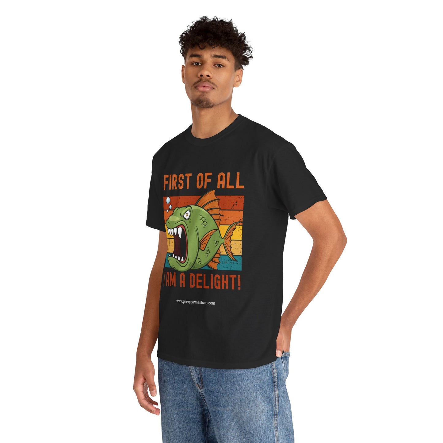 "First of all I am a delight!" angry fish on retro sunset tshirt