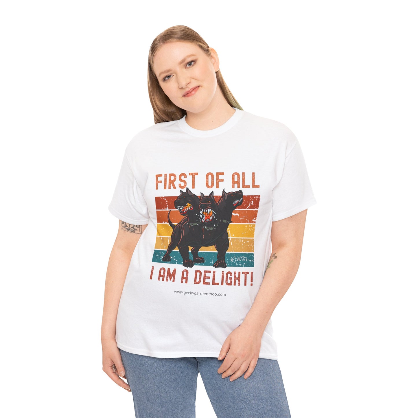 "First of all I'm a delight!" Cerberus Retro Sunset Tee