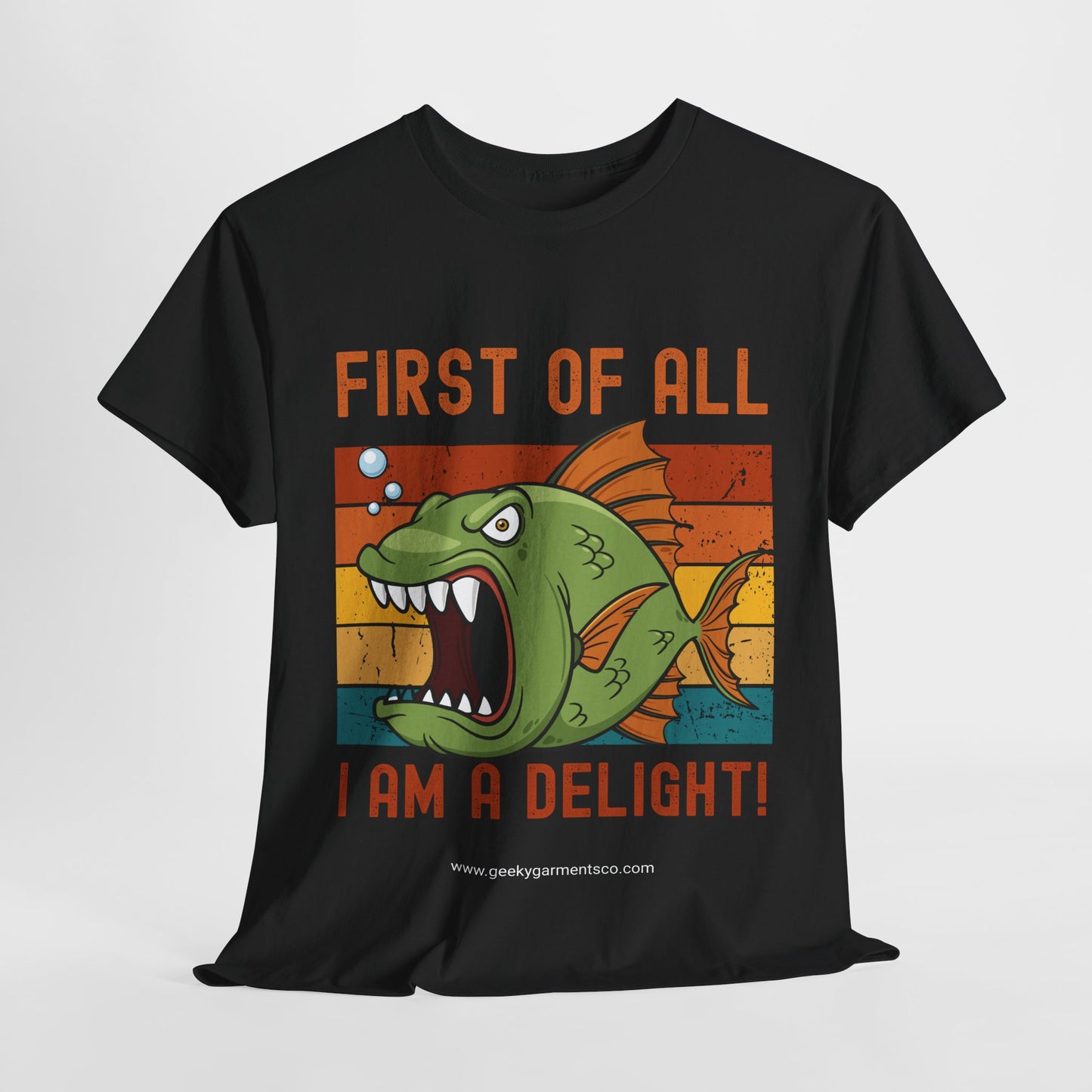 "First of all I am a delight!" angry fish on retro sunset tshirt
