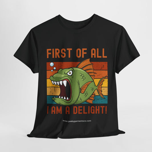 "First of all I am a delight!" angry fish on retro sunset tshirt