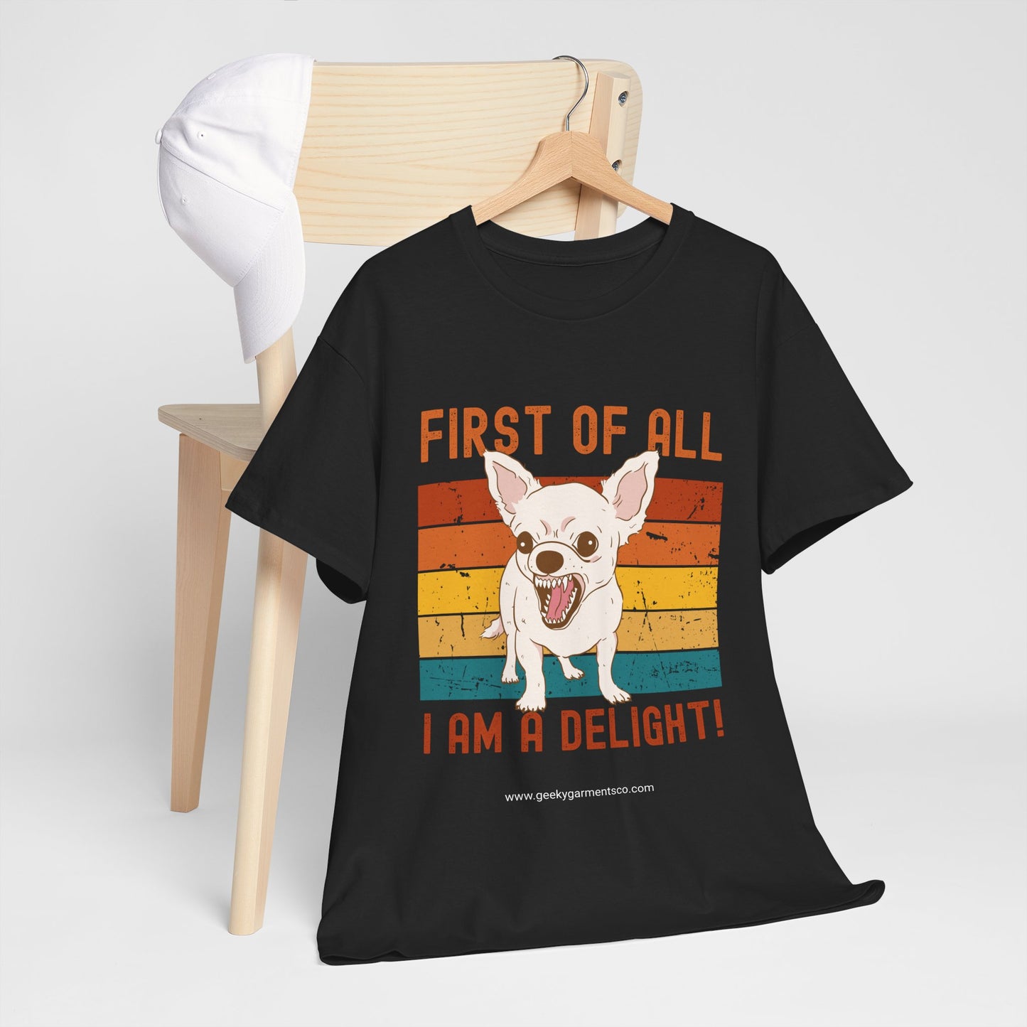 "First of all I am a delight!" angry dog on retro sunset tshirt (chihuahua)