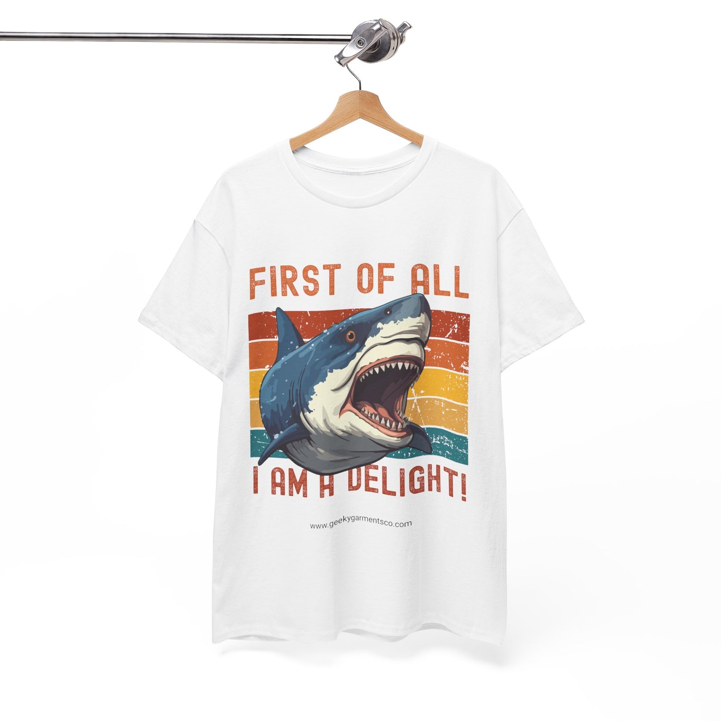 "First of all I am a delight!" Angry Shark Retro Sunset Tee