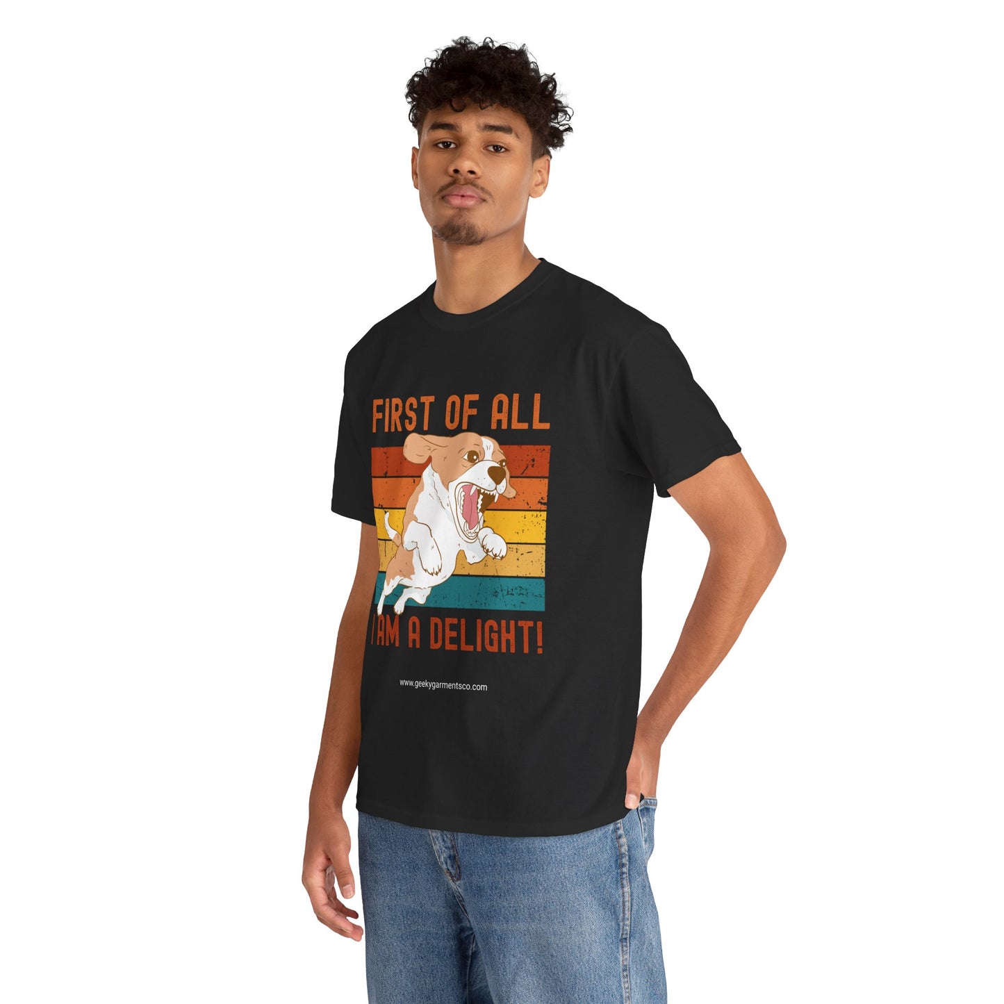 "First of all I am a delight!" angry dog on retro sunset tshirt (corgi)