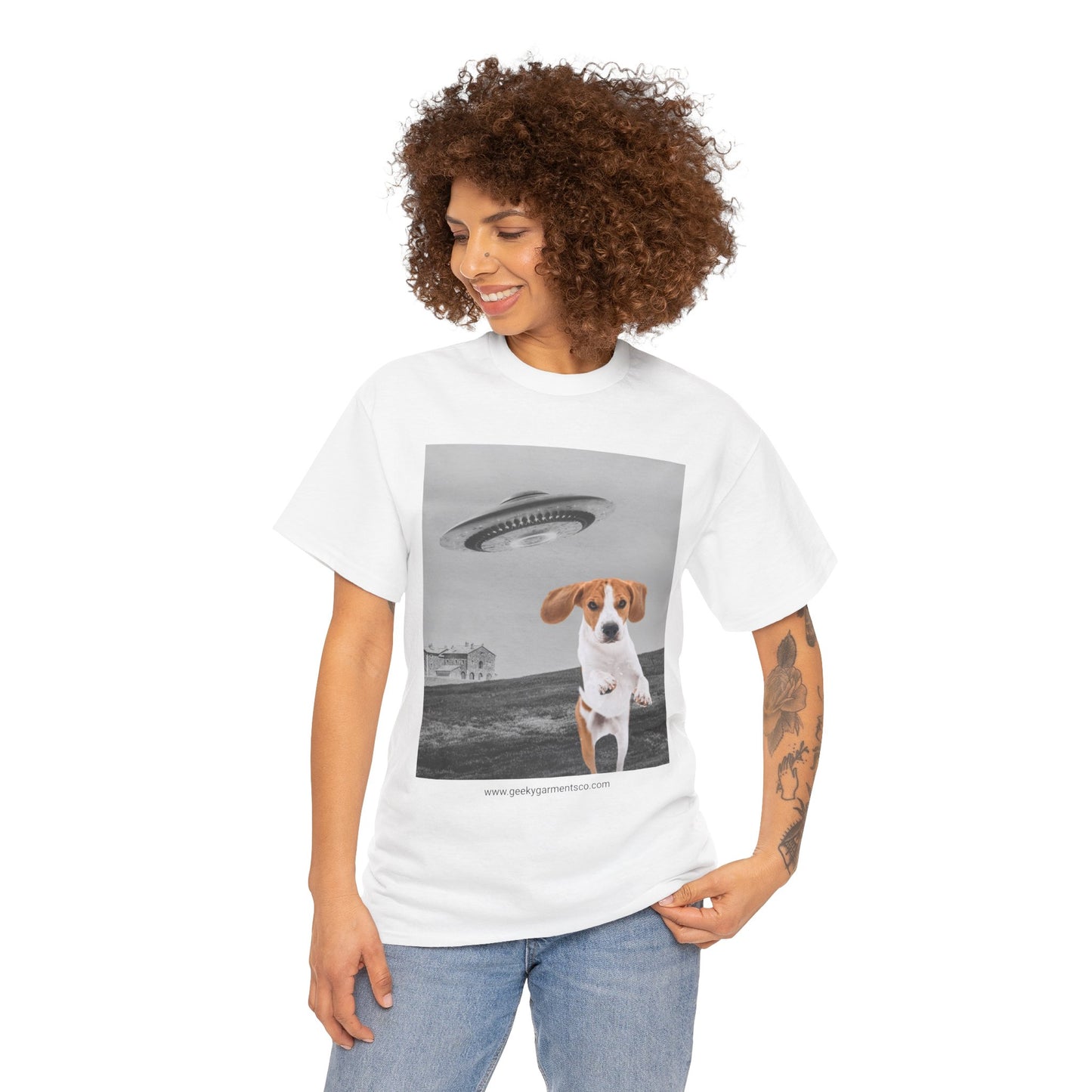 Beagle puppy being chased by a UFO Tee, Dog Mom Shirt, Dog Dad Shirt, Pet Owner Gift, Graphic Tee, Funny Animal Tee, Gift for Dog Lovers