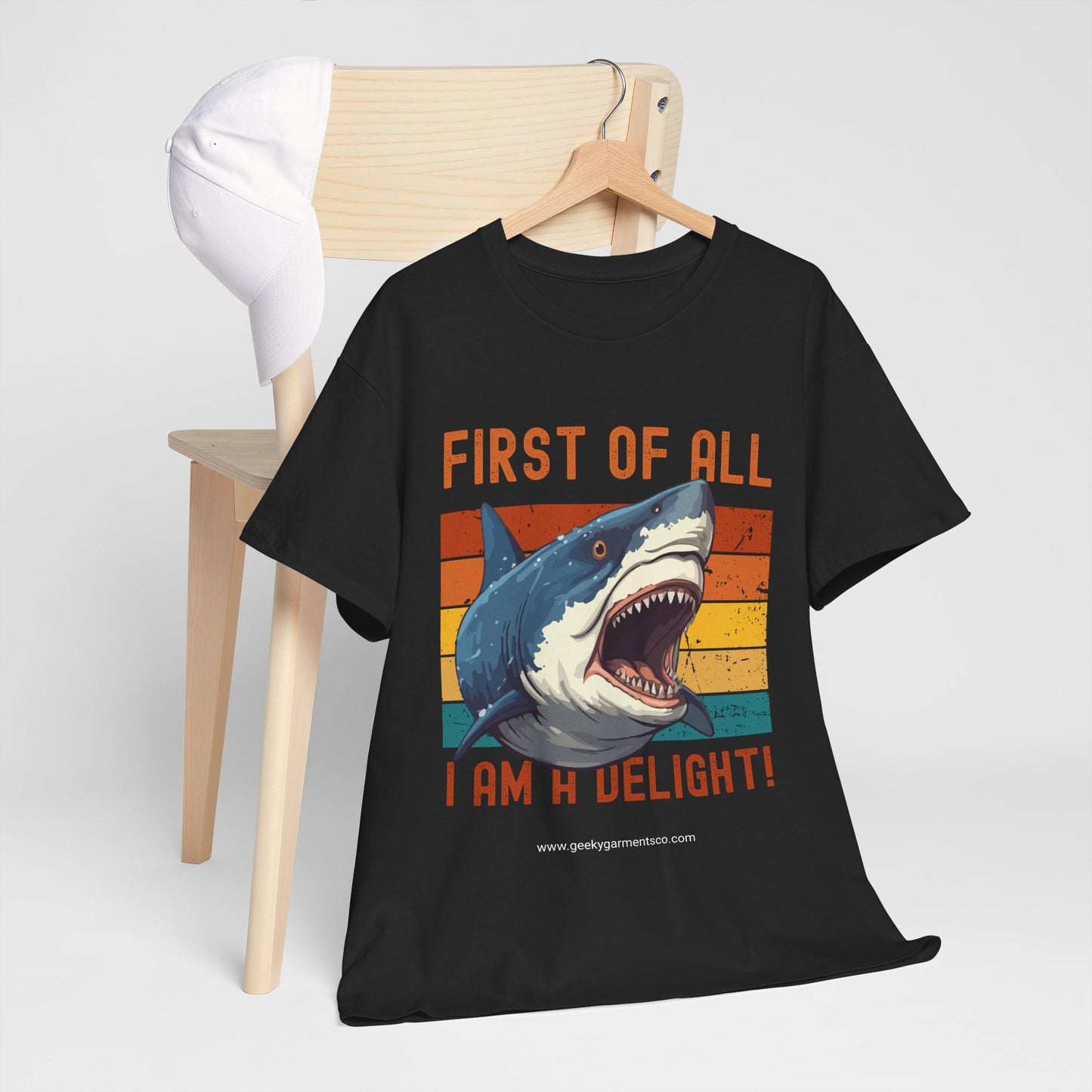 "First of all I am a delight!" Angry Shark Retro Sunset Tee
