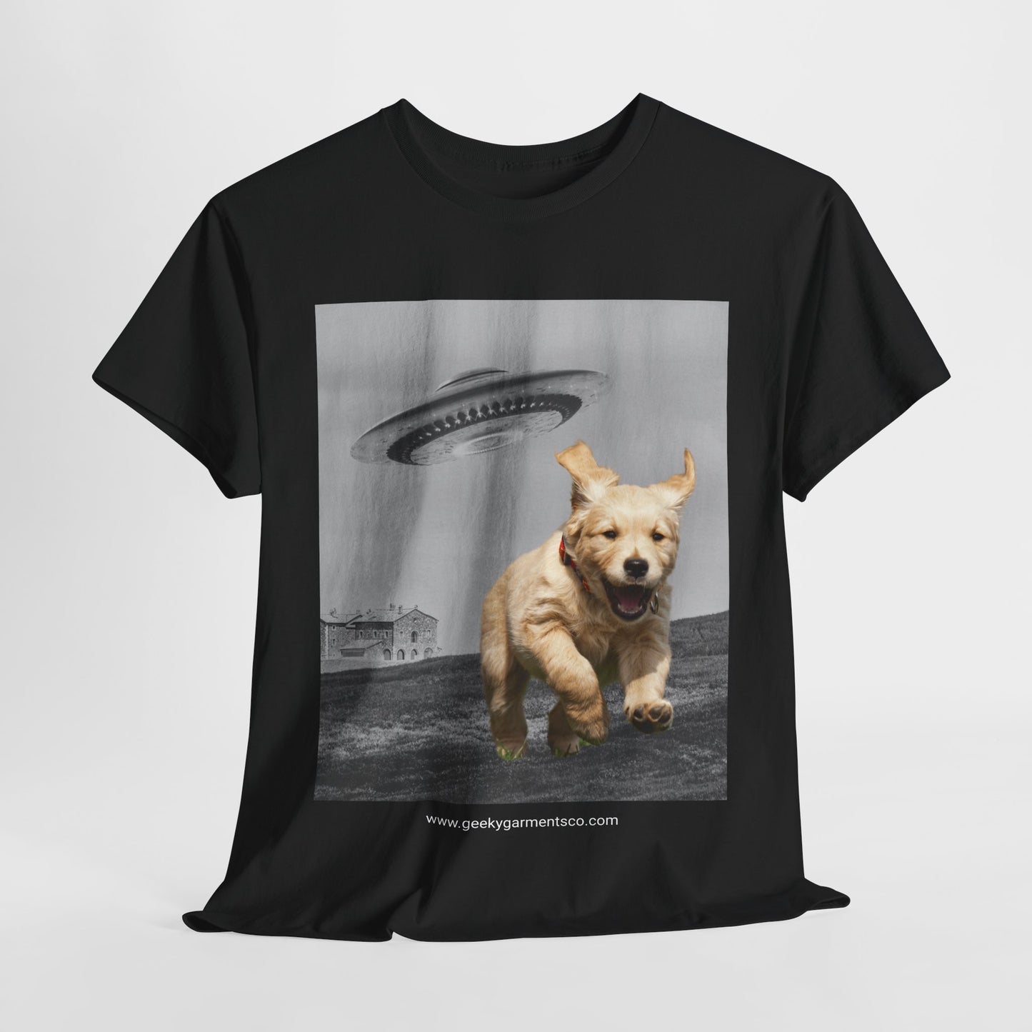 Golden Retriever puppy being chased by a UFO Tee, Dog Mom Shirt, Dog Dad Shirt, Pet Owner Gift, Graphic Tee, Funny Animal Tee, Gift for Dog Lovers