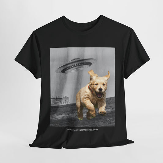 Golden Retriever puppy being chased by a UFO Tee, Dog Mom Shirt, Dog Dad Shirt, Pet Owner Gift, Graphic Tee, Funny Animal Tee, Gift for Dog Lovers