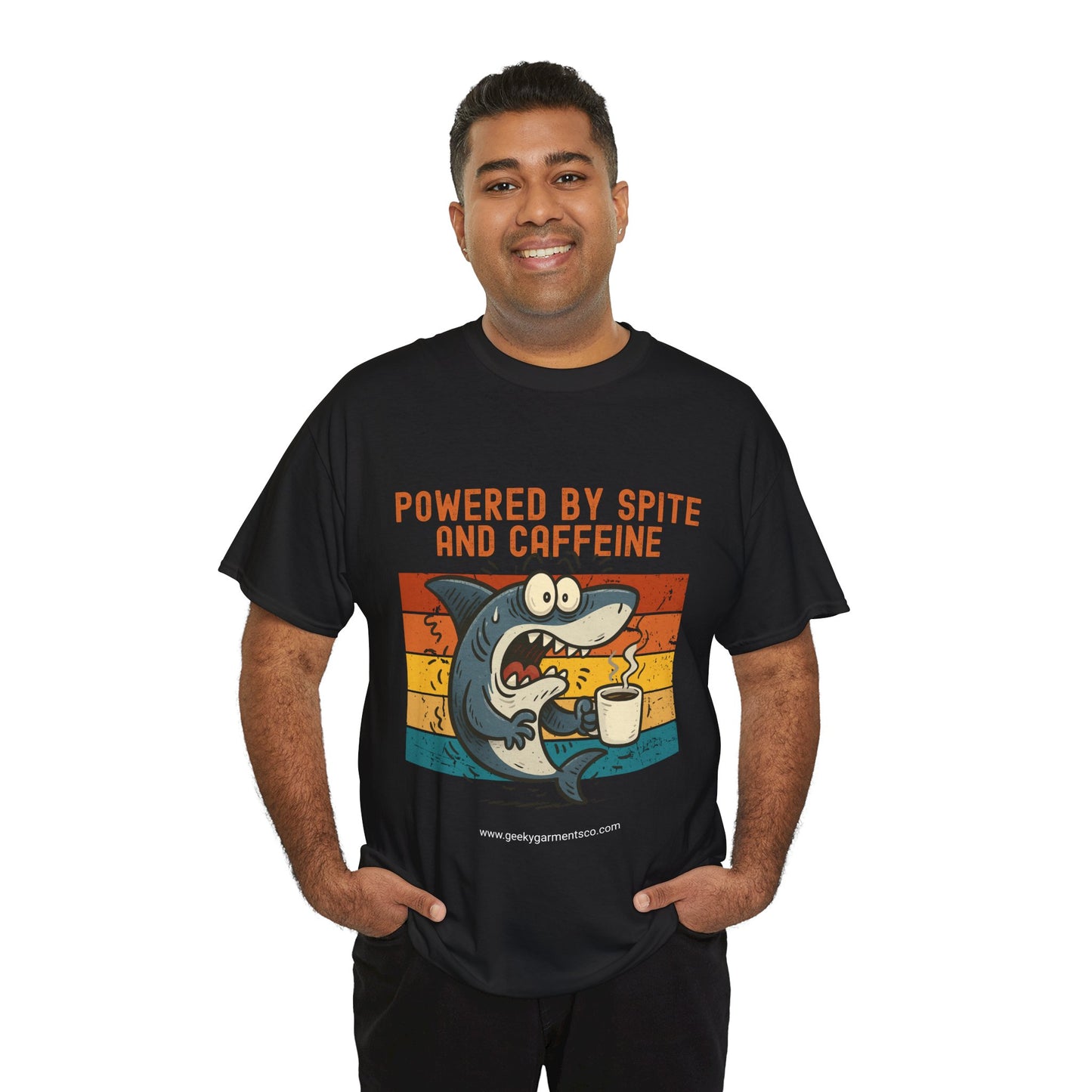 Powered by Spite and Caffeine - Jittery Shark Drinking Coffee Retro Sunset Tee