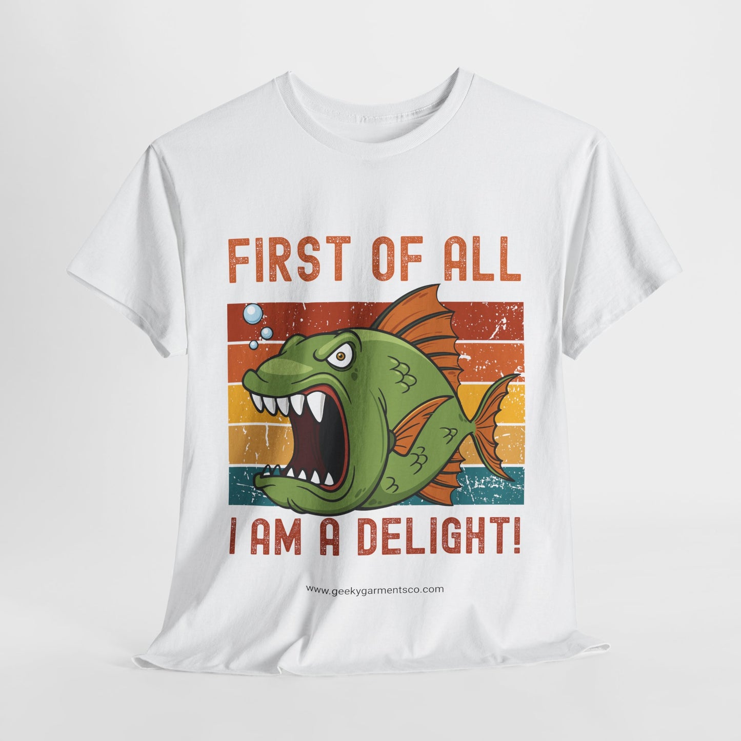 "First of all I am a delight!" angry fish on retro sunset tshirt