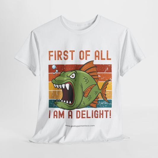 "First of all I am a delight!" angry fish on retro sunset tshirt
