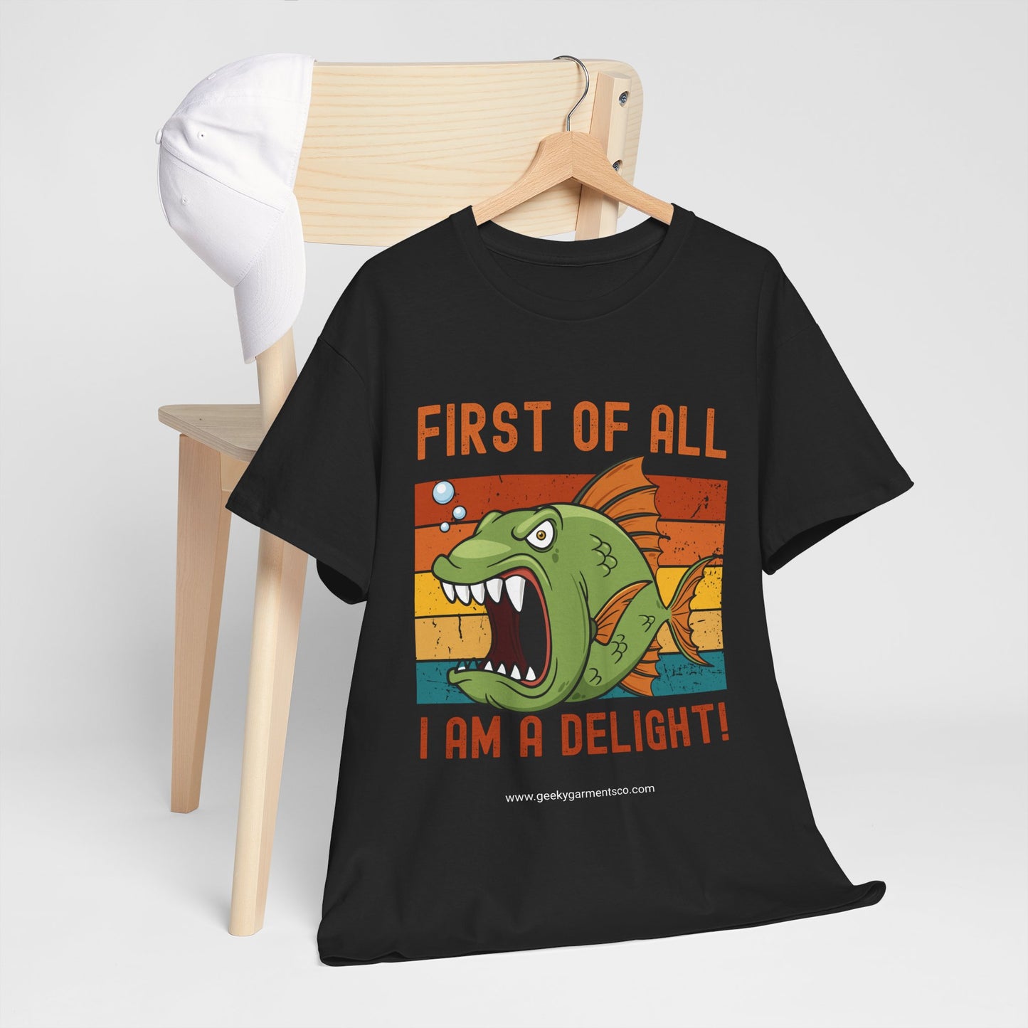 "First of all I am a delight!" angry fish on retro sunset tshirt